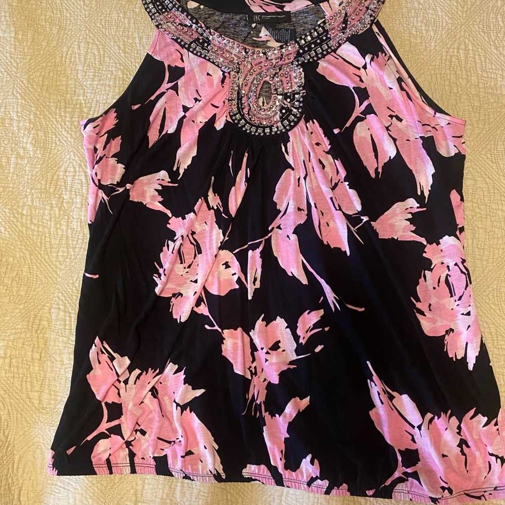 INC International Concepts Pink Floral Embellished Scoop Tank Top